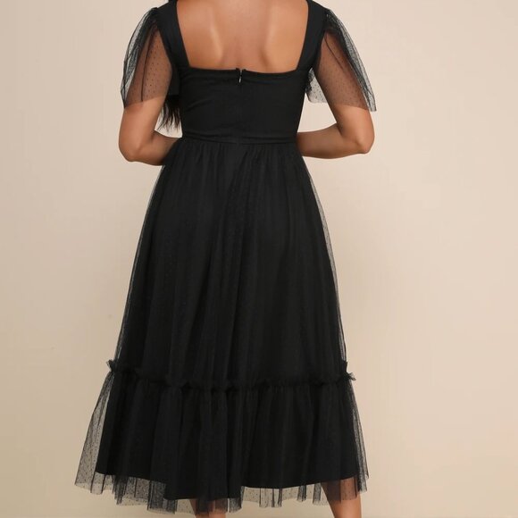 DRESS w/ POCKETS!! Black Tulle Bustier Swiss Dot Midi Dress -Elegant & Romantic - Picture 4 of 12